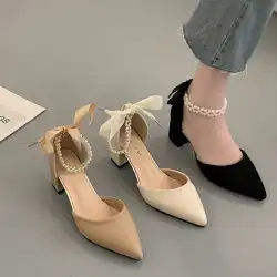 小さな太いヒールのハイヒールの靴の女性の 2023 年の新しい春の爆発的なスタイルのサンダル ポインテッドトゥ パール フレンチ メリー ジェーンの靴