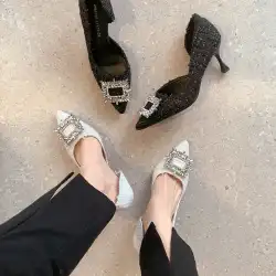 ポインテッドトゥシングルシューズ女性の2023春の新しい超ホットなファッションオールマッチレトロラインストーンスティレット外国風ハイヒールの靴のトレンド