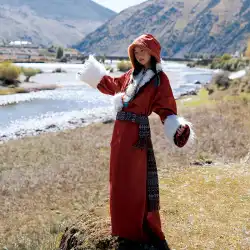 「Xingzhi」赤チベット服女性秋と冬のウール素材チベット服レトロラサ服チベットローブチベットラサ