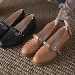 Lin Impression 2023 春の彫刻ブローグ女性の靴レトロ厚いヒール T バックル浅口レザーミドルヒールシングルシューズ女性