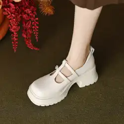 厚い底のメリージェーンの靴の女性の本革 T バックルシングルシューズ 2023 新しい春の高められた白いハイヒールのプラットフォームの革の靴