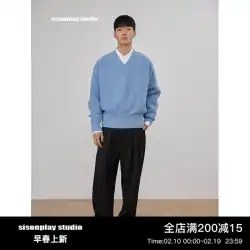 sisonplay【デザイナーズブランド】秋冬メンズニットセーターVネックプルオーバーゆったりブルー長袖セーター