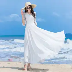 夏の新しい白いレースのドレス シフォン痩身海辺の休暇ビーチ スカート ロング スカートから足首までスーパー ロング