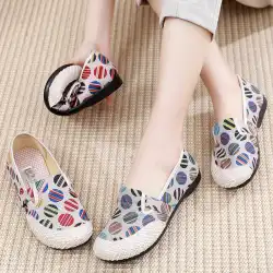 春の新旧北京布靴女性の通気性リネン漁師の靴スリッポン母の靴フラットローファーシングルシューズ