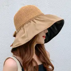 夏ビニールちょう結び太陽の帽子の女性の中空麦わら帽子抗紫外線大庇カバー顔日焼け止め太陽漁師帽子