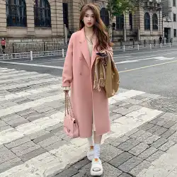ピンク両面カシミヤ コート女性の 2023 春と秋の新しい韓国語バージョン緩い中丈ヘップバーン スタイル ウール コート