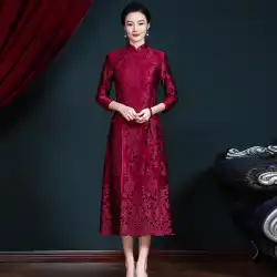 Xi義母のウェディングドレスアオザイレース改良チャイナドレス長袖ドレス春と秋の結婚式の母のドレスノーブル