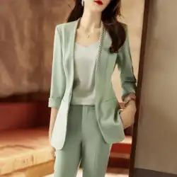 グリーン スーツ スーツ女性の夏の薄いセクション 2022 韓国ファッション夏カジュアル小さな襟なしのスーツ ジャケット