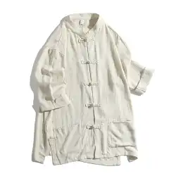リネンシャツ メンズ 夏 七分袖 ジャケット 中国トレンド ブランド 中国風 バックル ゆったり 大きいサイズ 唐装 半袖 潮