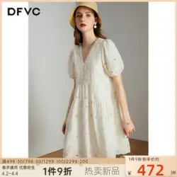 dfvc 春 v ネック刺繍パフスリーブドレス女性 2023 新緩い綿中空刺繍 a ラインスカート