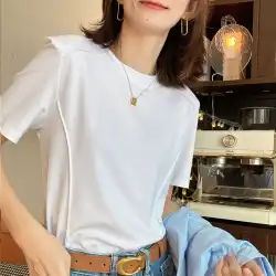 テンセルローマハイエンドホワイト半袖Tシャツ女性ニッチデザイントップショルダーパッドTシャツボトミングシャツソフトドレープ