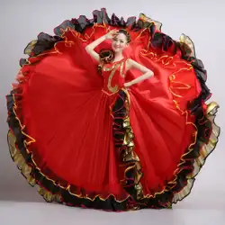 新しいスペイン闘牛ダンス ビッグ スイング スカート パフォーマンス衣装女性雰囲気オープニング ダンス ロング スカート赤いステージ衣装夏