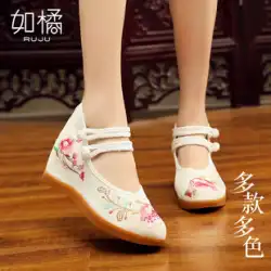 漢服の靴の女性の刺繍の靴中国風の古代の衣装の内側の高められた斜面のかかとの学生のレトロなビアンフアの平底の古代のスタイルの布の靴