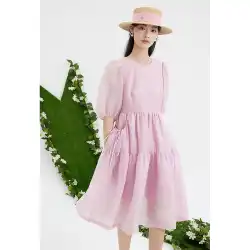 Xinshang レッドスリーブピンクパフスリーブドレスショッピングモール同じスタイル 2023 夏の新しい気質痩身プリンセスドレス