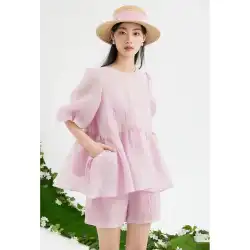 新商レッドスリーブショッピングモールと同じスタイル 2023 夏の新デザインパフスリーブピンクトップ女性のファッションスーツ