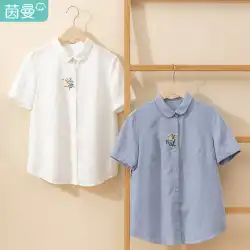 yingman 綿とリネン混紡半袖シャツ女性 2023 夏のドレスラペルシンプルな刺繍通気性シャツ女性