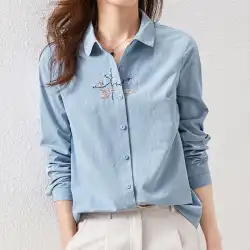 ジェーンインマン純綿刺繍シャツ女性の 2023 春の新作刺繍長袖オールマッチルーズ無地デザインセンスシャツ
