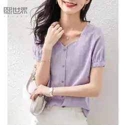 Xi World 2023 夏の新しい気質純粋な綿の小さな V ネック半袖シャツ女性痩身オールマッチパフスリーブトップ