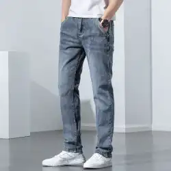 Yishion/ピュアジーンズメンズ春夏ストレートスリムファッションゆったり弾性若者カジュアルロングパンツ