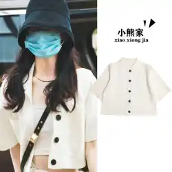 中華料理店趙立英と同じスタイルの白いニット半袖カーディガンショート韓国版BMトップ女性の夏スリムポロシャツ