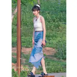 Taohuawu 宋銭同じスタイルのステッチデニムスカート気質ハイウエスト 2023 夏の新デザインセンスのスカートの女性