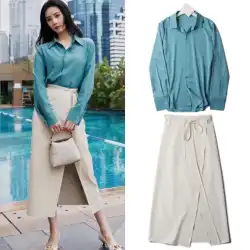 Liu Shishiと同じスタイルの服ブルーシャツレディース夏デザインセンスニッチシャツネクタイハイウエストスカートスーツ