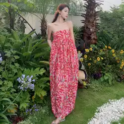 2023 新しい夏ディリーバ同じスタイルの海辺の休暇油絵印刷フレンチチューブトップの花のつぼみドレス女性