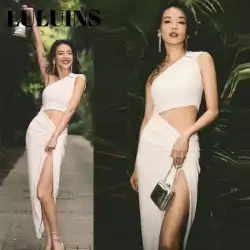 LLUINS Shu Qi スターと同じスタイルのドレス白斜め肩ホリデー風スリットドレスイブニングパーティードレススカート