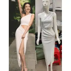 Shu Qi 同じスタイルの白いノースリーブ斜め肩スリットドレス宴会イブニングドレス夏の気質の女性の女性のスカート