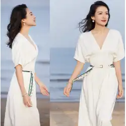ヨーロッパのチャンツィイースターと同じスタイルの白いVネックドレス女性らしさウエストフランスのハイエンドサマードレス