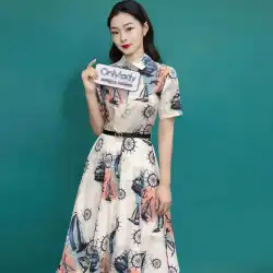 趙麗英劉濤スター同じスタイル 2023 夏レトロウエストカラープリント半袖シャツドレスドレス女性