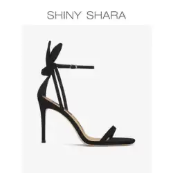 光沢のあるシャラ/シーシャ 2023 夏新黒ウサギの耳スティレットヒールファッション 8 センチメートルサンダル女性