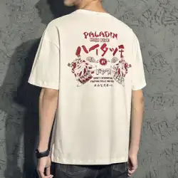 Qiuge 日本の相撲猫メンズ Tシャツ半袖トレンディなブランドルーズショルダー服メンズトレンディな弾性綿 Tシャツ