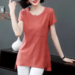 綿半袖 Tシャツの女性のお尻カバー 2023 夏新大きいサイズの婦人服中長セクション腹カバールーズトップ