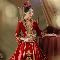 ベルベット Xiuhe 服 2023 新しい夏の結婚式の花嫁ドレス女性のウェディングドレス中国風のウェディングドレス中国風の着物