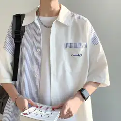 日本の青と白のストライプの半袖シャツ夏薄手のシャツ香港スタイルメンズトレンディなブランドツーリングカジュアル 1 インチシャツジャケット