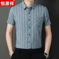 Hengyuanxiang メンズ半袖シャツルーズストライプシャツビジネスカジュアルポケットお父さんドレスハイエンドリネントップ