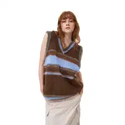 Miss Gong レトロストライプモヘアウールブレンドニットベスト女性の秋と冬の新しい暖かいルーズオールマッチセーター