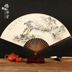 シルクアートホール 9 インチ黒檀ハンドル手描き風景白紙ファン男性中国風のギフトクラフトファン手羽木製扇子