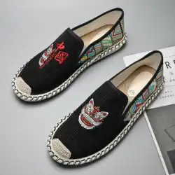 キャンバス紳士靴夏通気性 2023 新しいメンズリネン古い北京スリッポン黒布靴カジュアルトレンディな靴