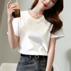 半袖白の新しいルーズコットンボトリングシャツ大きいサイズの黒のトップイントレンディなショートソリッドカラーの女性用VネックTシャツ