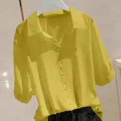 シフォン大きいサイズルーズシャツレディース2023年夏新作韓国版薄手セクション半袖トップフレンチVネックシャツ