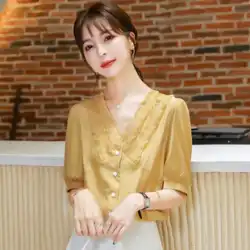 シフォンシャツの女性のサマードレス 2023 新しい夏の韓国のデザインセンスニッチ半袖 V ネックトップ小さなシャツ薄いセクション
