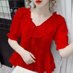 赤いシフォンシャツの女性の半袖 2023 夏の新しいファッション気質外国風薄セクションハイエンドトップ小さなシャツ