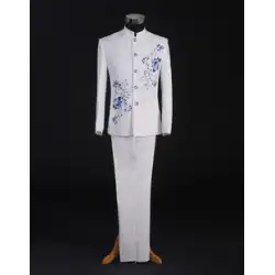 2023 新人歌手司会者青と白の磁器白中国チュニックスーツコーラス衣装パフォーマンス衣装男性ホストスーツ