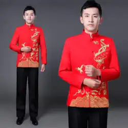 新しい中国チュニックスーツパフォーマンス衣装中国風の結婚式の司会者の衣装男性中国風レッドシンガーステージ衣装