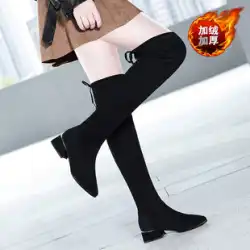 秋と冬の新しいベルベット黒弾性膝上ブーツネットレッド薄いファッションブーツ女性の暖かい膝上ブーツプラスヘア潮