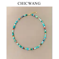 CHICWANG オールマッチの新しい人気の S925 スターリングシルバー白露と同じ天然色の宝石ビーズ鎖骨ネックレス