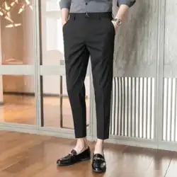 男性用夏スリムフィットスーツパンツ、ドレープのあるストレートレッグと小さな足の韓国スタイルのビジネスカジュアルパンツ、薄い9点スーツパンツ