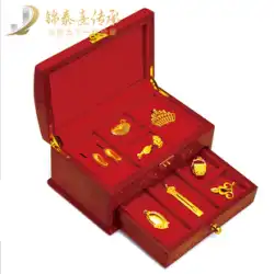 Jin Taixi 純金ゴールド結婚式 9 つの宝物持参金ギフトボックス刺繍靴櫛はさみミラーそろばん結婚式小型版